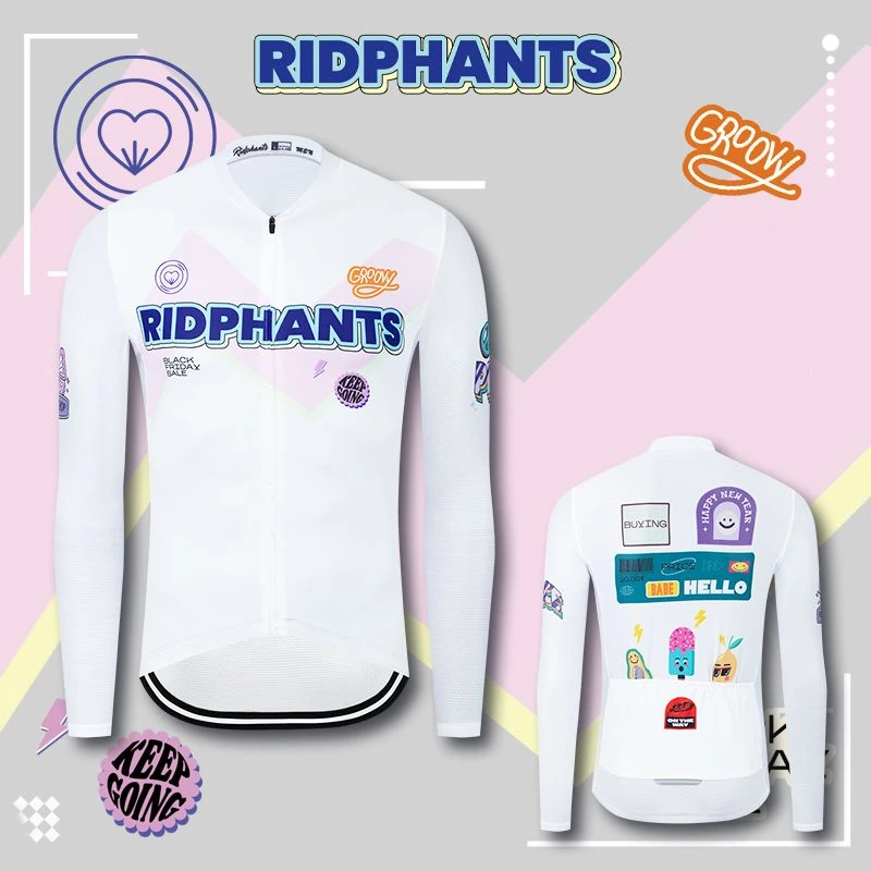 白色拼图秋冬款骑行服薄款与抓绒长袖男女自行车服单车保暖