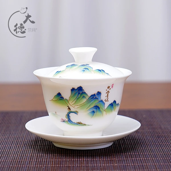千里江山羊脂玉三才不烫手盖碗只此青绿家用办公室泡茶碗功夫茶具