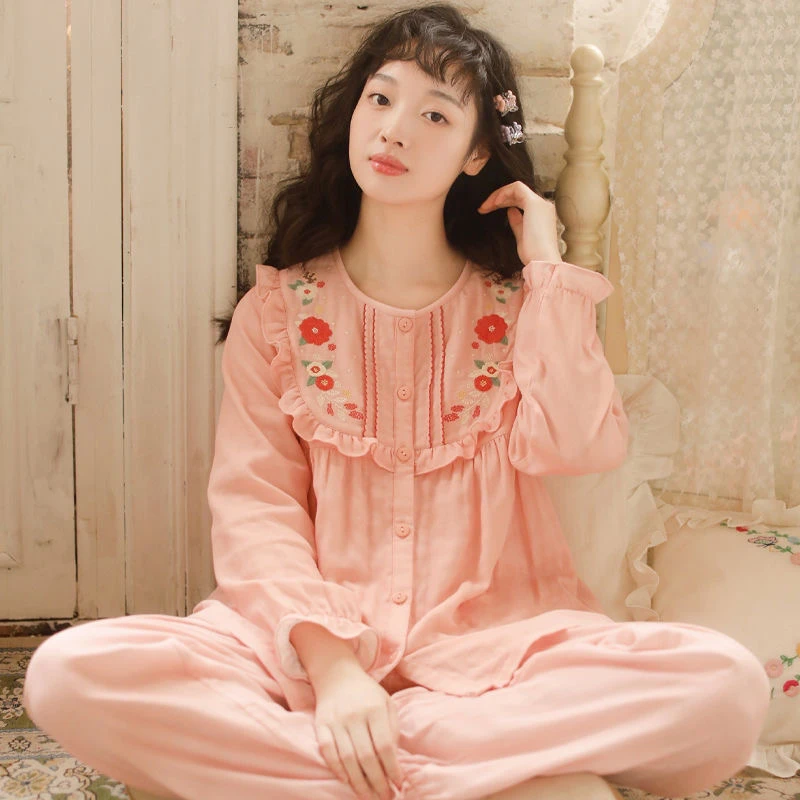 100%纯棉睡衣女春秋纱布长袖长裤两件套日系甜美刺绣全棉家居服