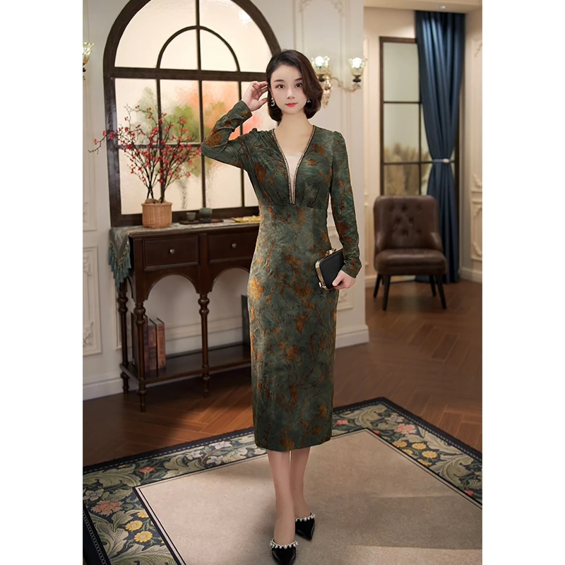 【东方黛迪】中式秋季复古长袖V领显气质修身显瘦连衣裙 PB73087