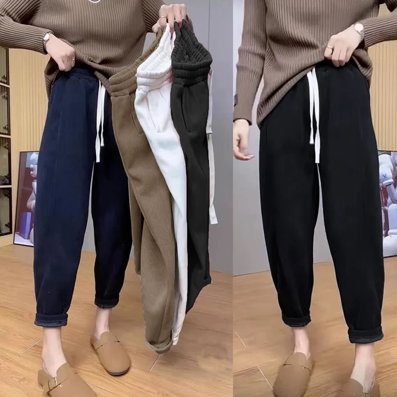 加绒加厚秋冬新款2024韩版高腰宽松显瘦垂感奶奶裤哈伦萝卜裤女