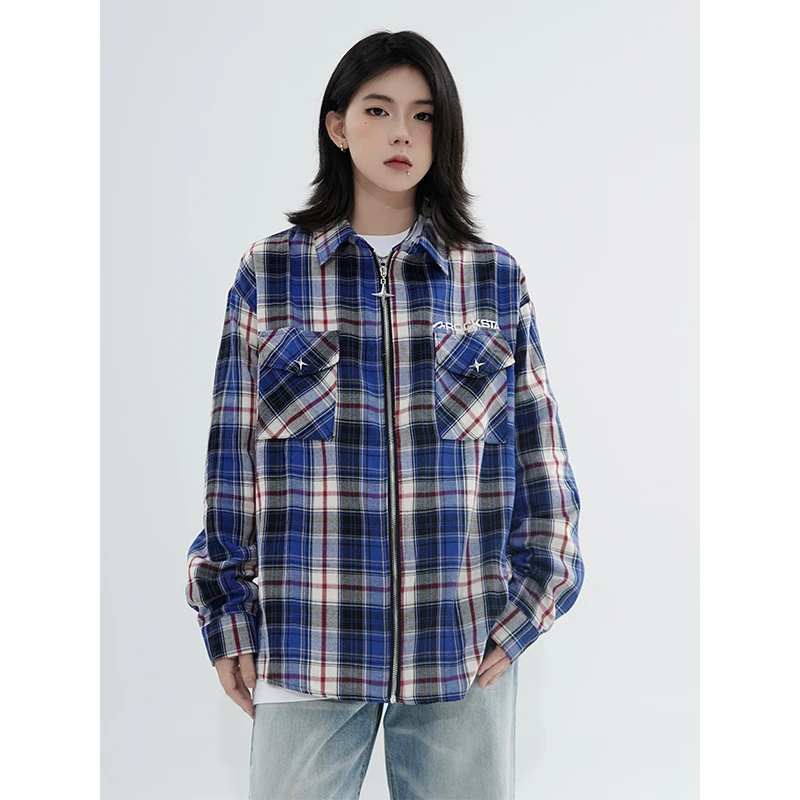 川川也美式街头格子长袖衬衫外套男女复古宽松POLO衫开衫上衣潮牌
