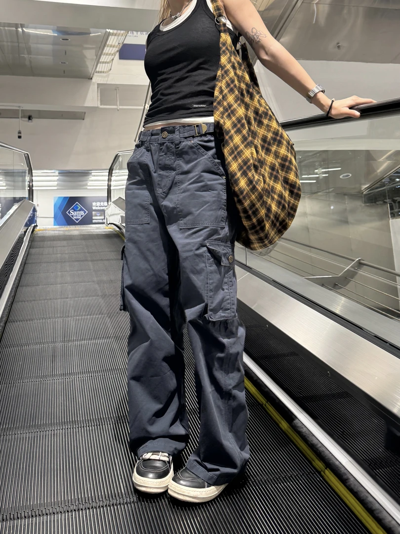 川川也CCYE美式复古水洗做旧直筒工装裤男女宽松休闲长裤可调节