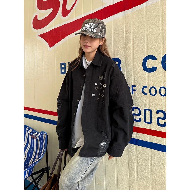 川川也CCYE美式复古扣子破洞衬衫男女宽松休闲百搭小众设计款外套