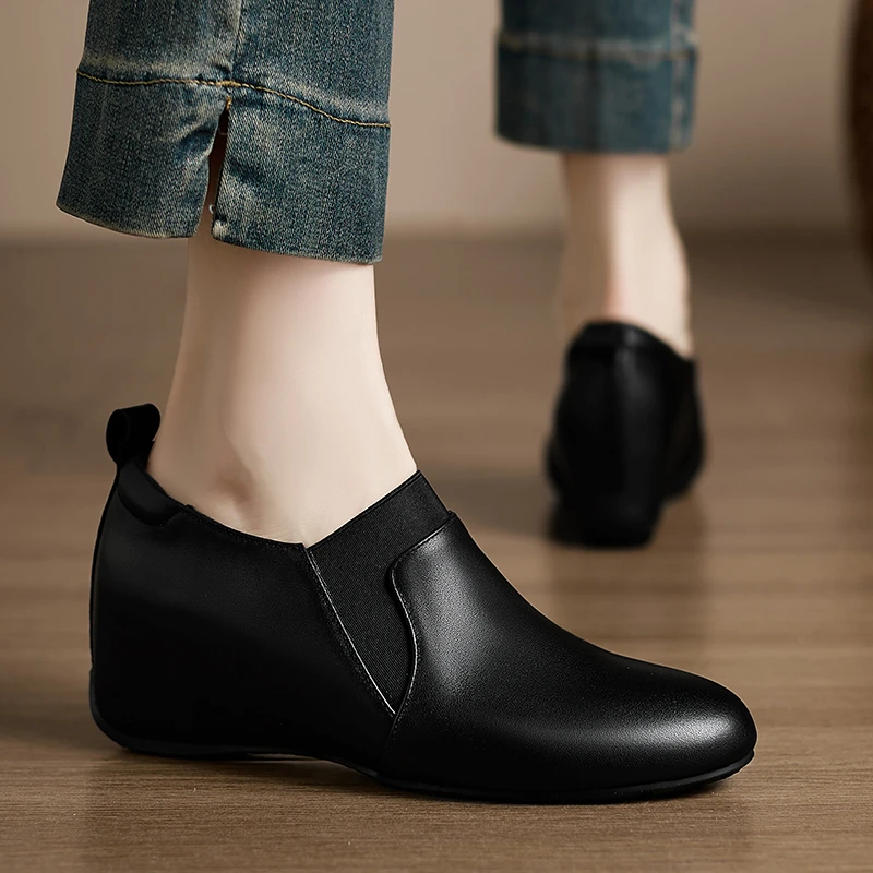 小个子手工女鞋6cm~新款坡跟圆头单鞋舒适牛皮松紧带纯色黑色女