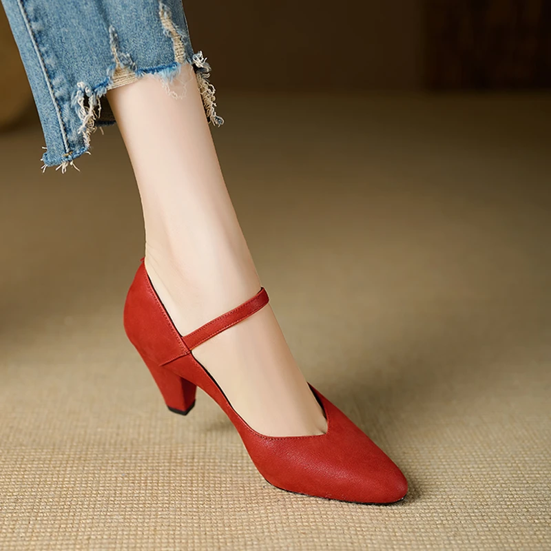 小个子手工女鞋7cm~红色高跟鞋真皮单鞋锥形跟粗跟玛丽珍鞋欧若风