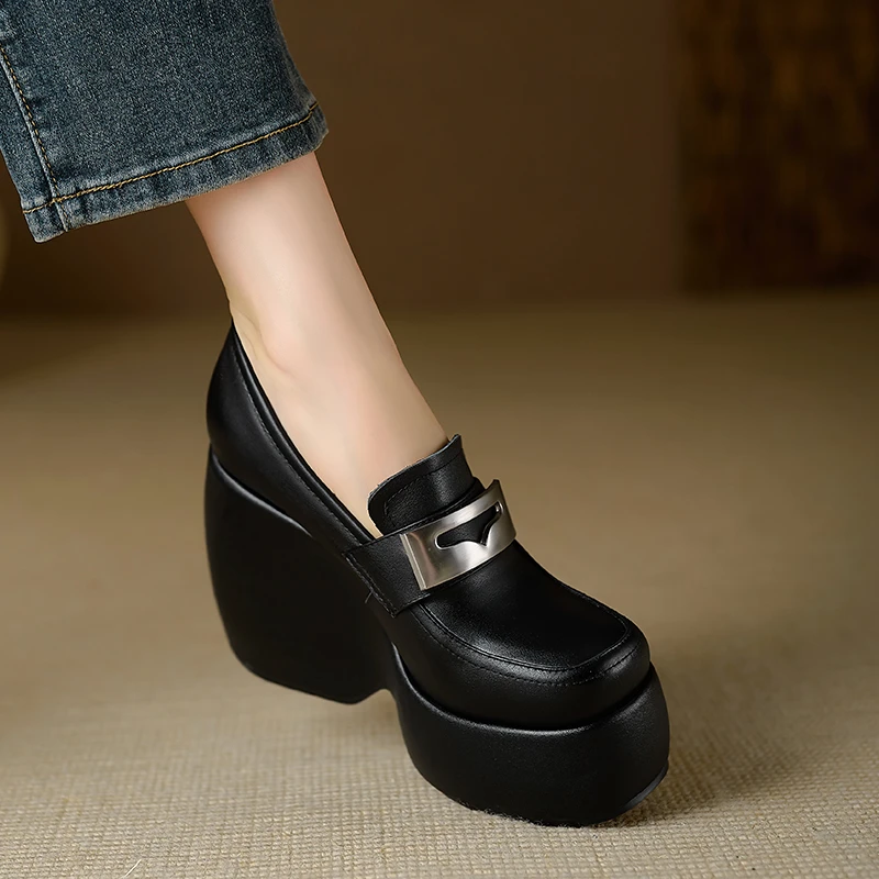 小个子手工女鞋12cm~坡跟粗跟厚底单鞋女新款时尚百搭懒人乐福鞋