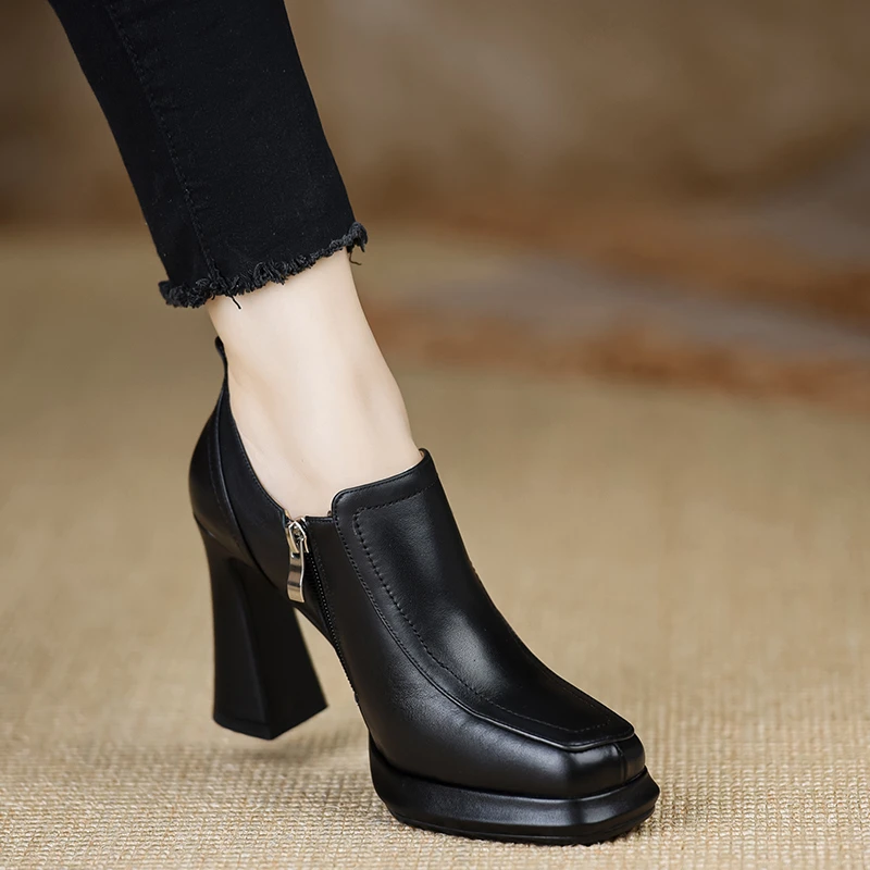 小个子手工女鞋~9.7cm新款2024头层牛皮单鞋粗跟拉链高跟鞋黑色女