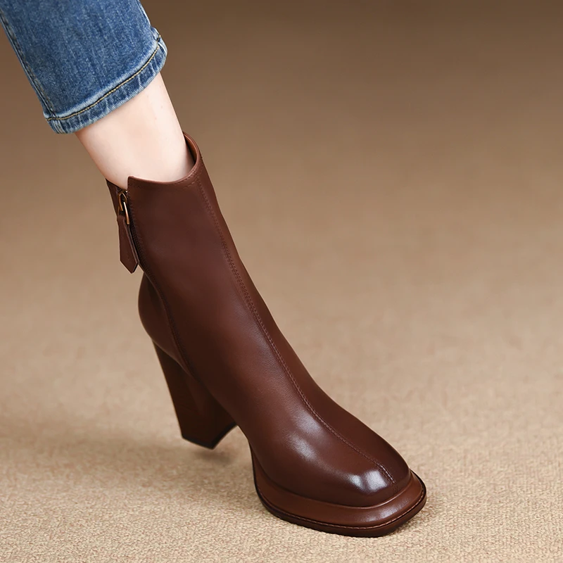 小个子手工女鞋9.8cm~真皮方头粗跟短复古马丁靴防水台高跟靴子