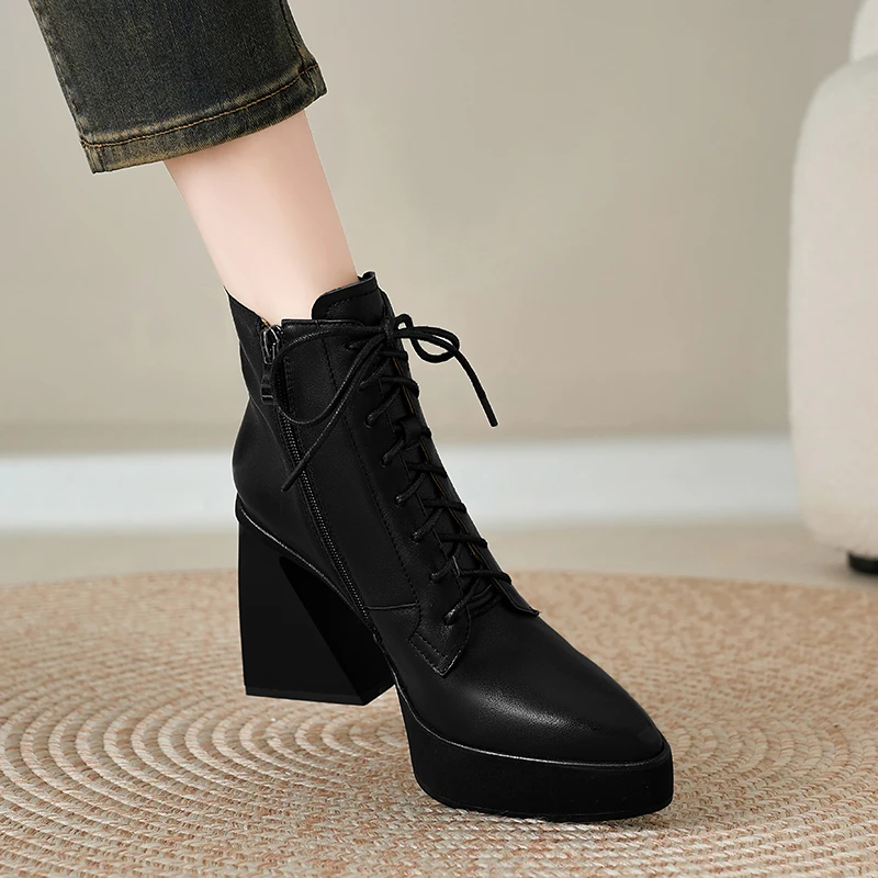 不累脚手工女鞋10.3cm~高跟防水台系带马丁靴女英伦厚底粗跟短靴