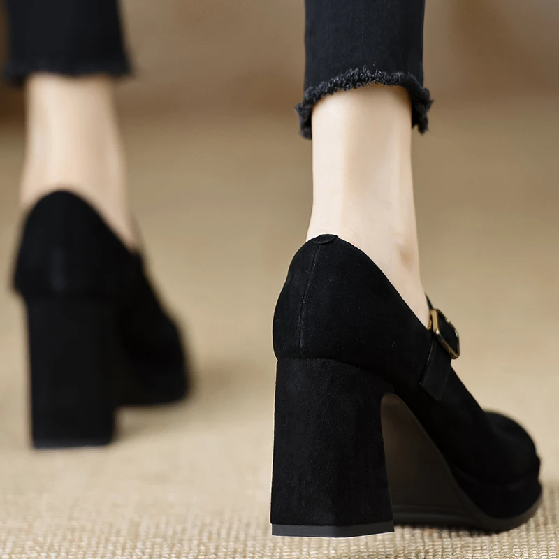 小个子手工女鞋~8.5cm春季单鞋新款粗跟羊猄皮防水台圆头扣带棕色