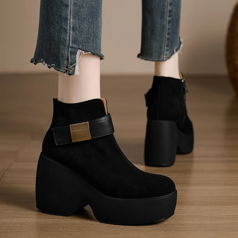 小个子手工女鞋10cm~小众设计感厚底坡跟短靴女法式羊皮磨砂羊皮