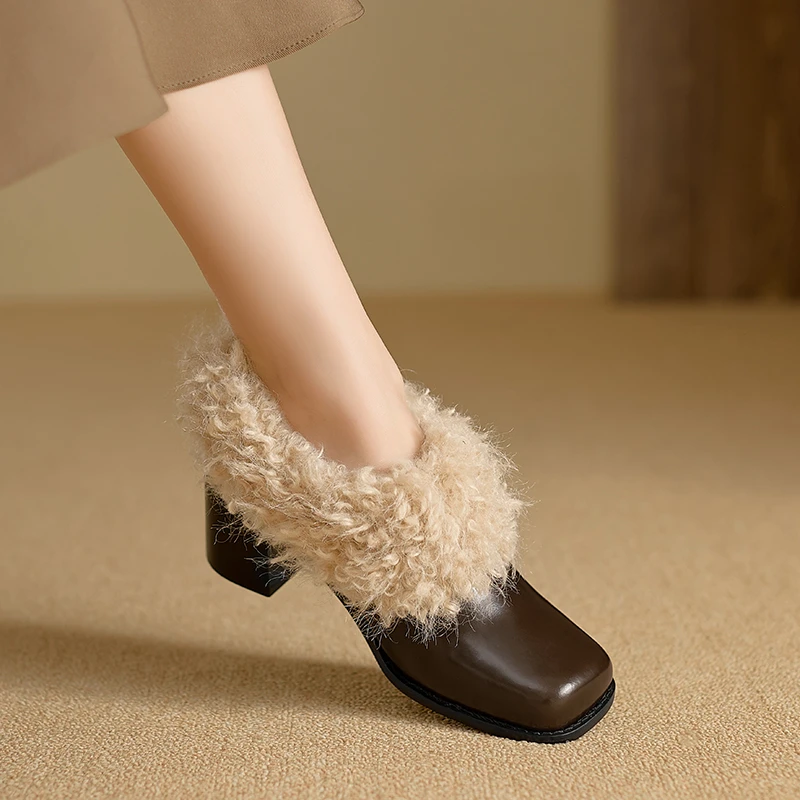 小个子手工女鞋3.5cm/6cm~一脚蹬复古加绒保暖时尚小皮鞋粗跟单鞋