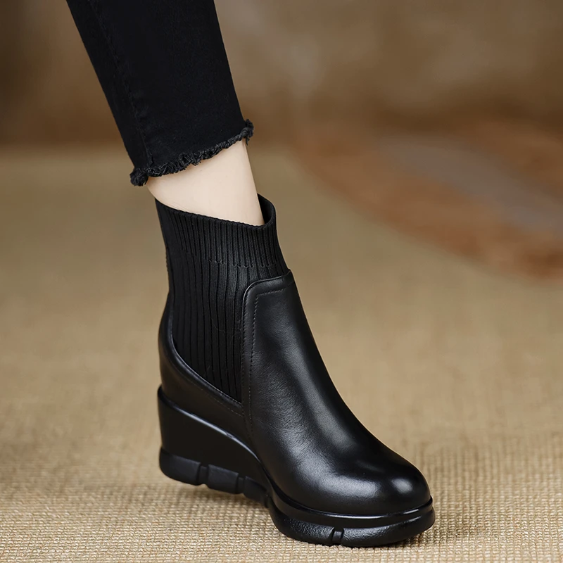 小个子手工女鞋8.5cm~防水台坡跟舒适短靴高跟鞋头层牛皮圆头黑色