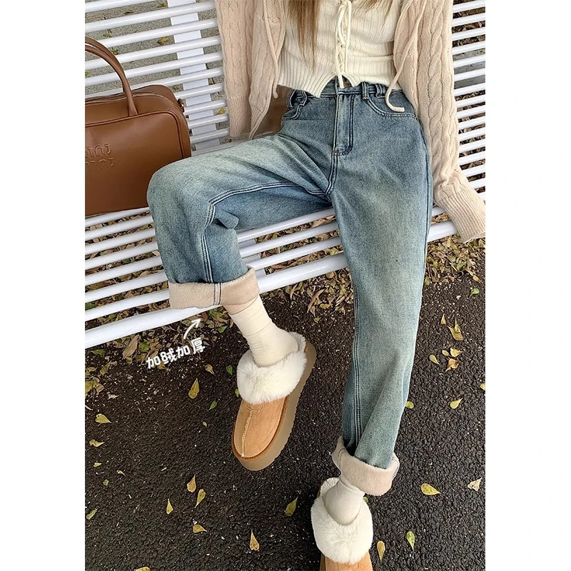 浅蓝加绒加厚牛仔裤女秋冬新款小个子宽松显瘦高腰百搭直筒阔腿裤