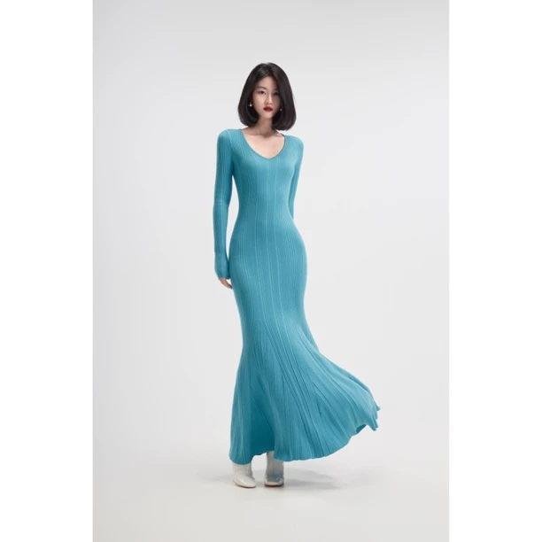 Louis Helin秋冬步步生莲深V鱼尾超长拖地修身显瘦针织长袖毛衣裙