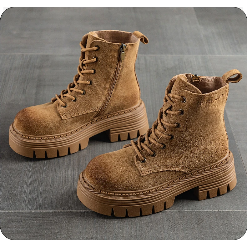 万达撤柜头层牛皮马丁靴女大黄靴春季复古百搭磨砂短靴厚底增高女