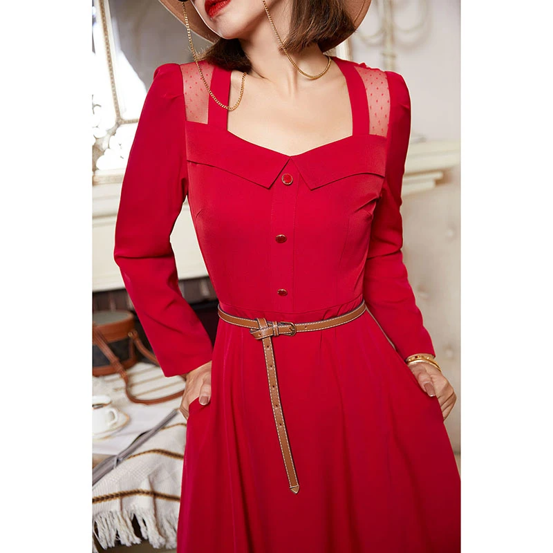 秋季新款大红色高腰显瘦法式方领中长款连衣裙  70035