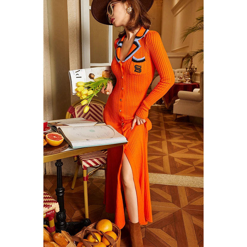 法式小香风刺绣撞色长裙长袖毛针织轻奢连衣裙收腰显瘦8398