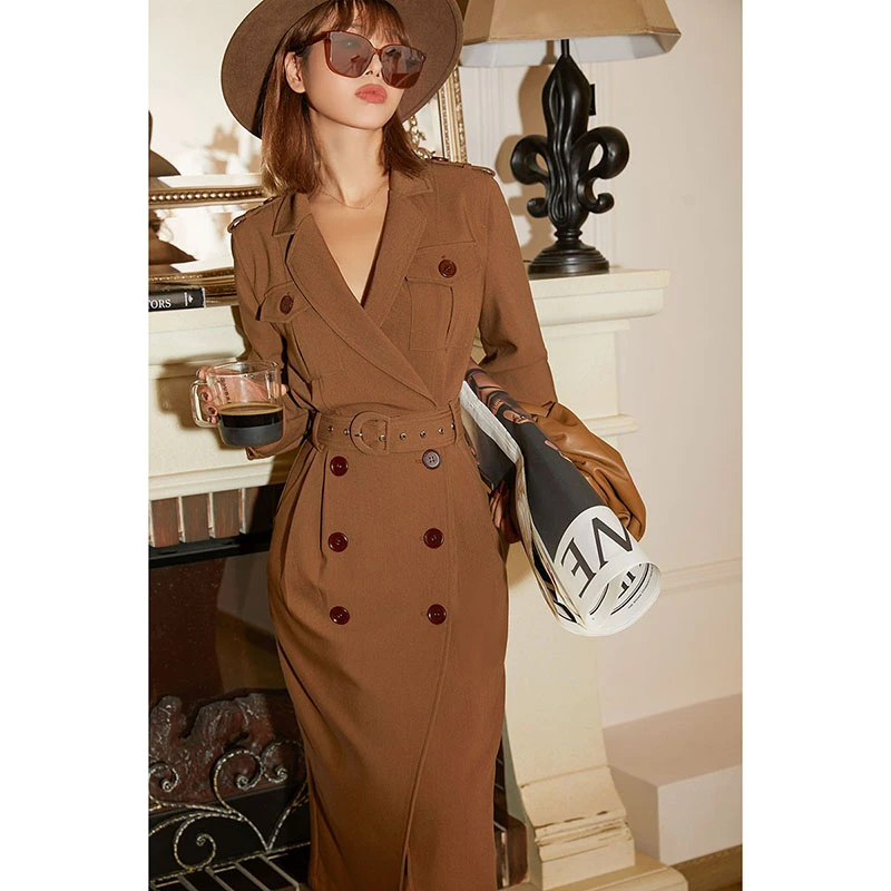 雅丹风秋冬新品双排扣时尚复古长袖小众连衣裙气质收腰显瘦69759