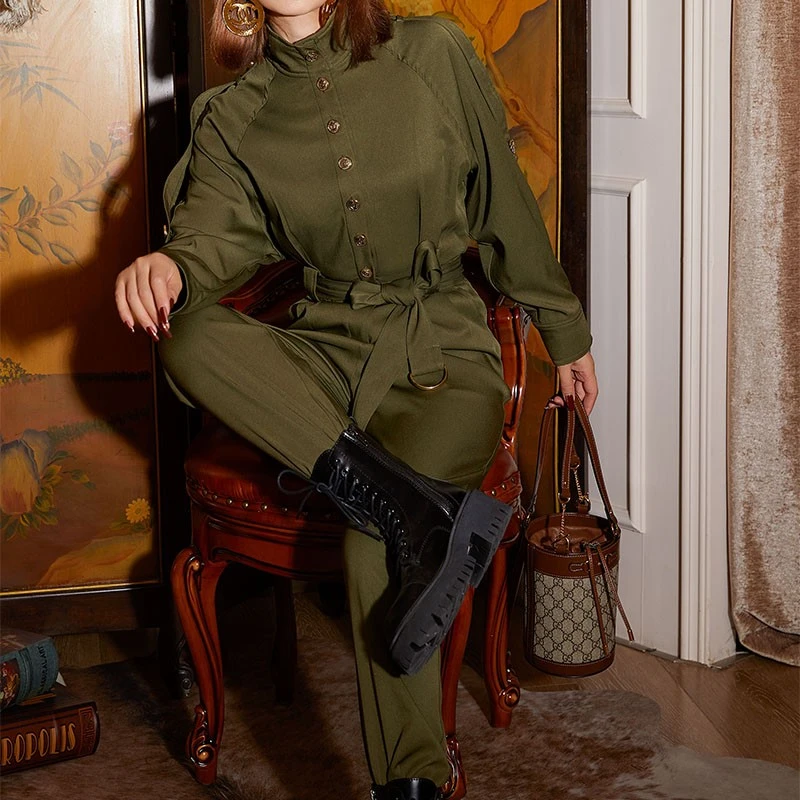 高级感长袖工装连体裤立领复古绿色休闲宽松时尚69225秋冬气质