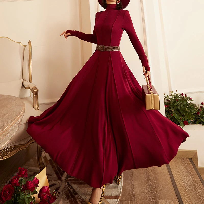 安可拉红色慕斯绒高领针织长袖大摆气质复古中国风连衣裙72035