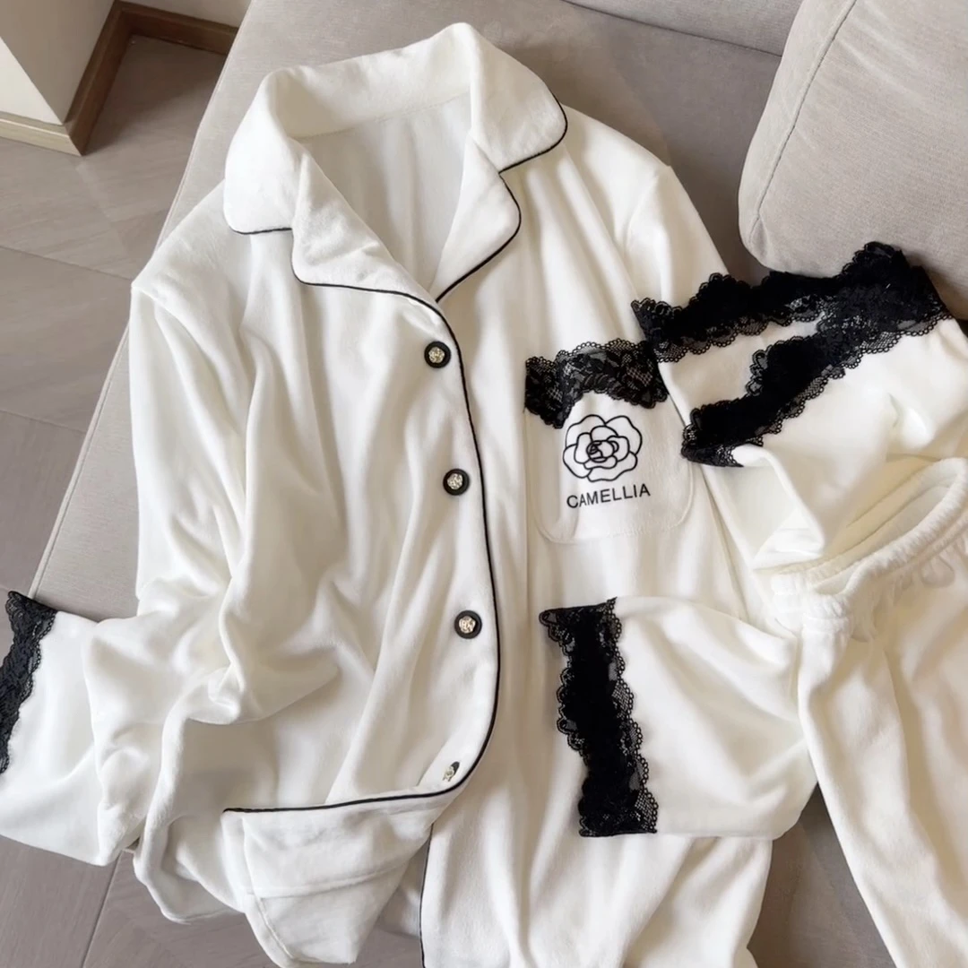 轻奢2024年秋冬新款气质双面加绒山茶花海岛绒家居服睡衣A12翻领