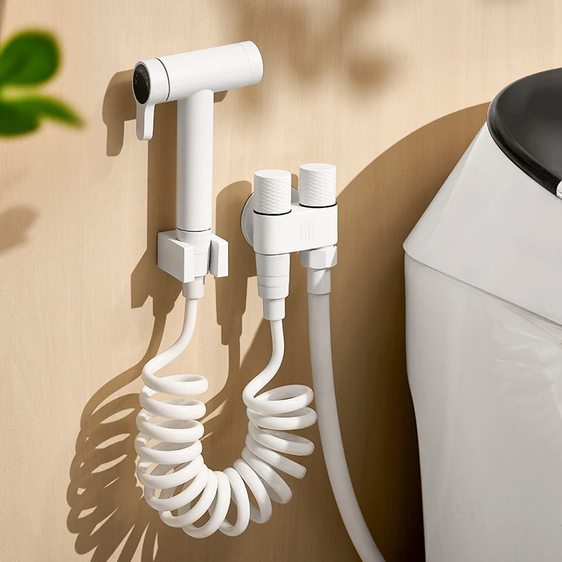 全铜白色马桶伴侣奶油风卫生间冲洗喷枪水龙头一进二出增压冲水枪