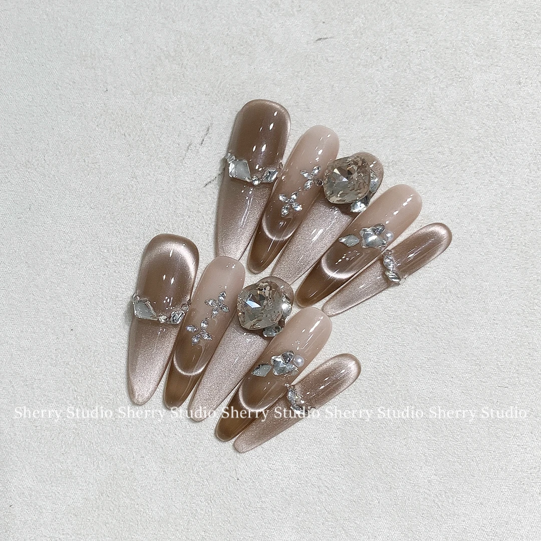 《香槟白兰地》雪梨家手工穿戴甲高级轻奢渐变法式猫眼小碎钻K9钻