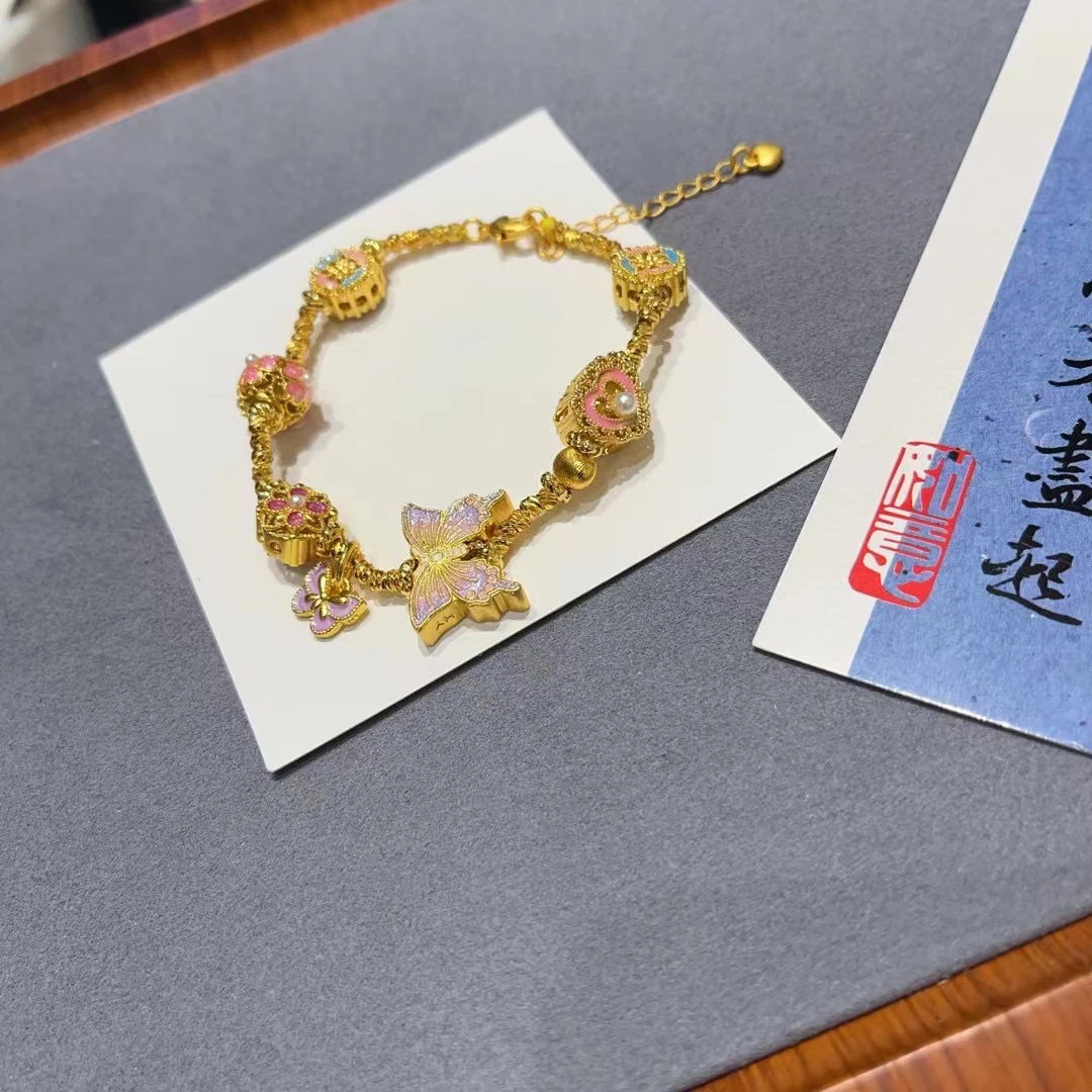 铜合金手链 烧蓝手工花丝錾刻diy配件爆闪珠手串蝴蝶手链