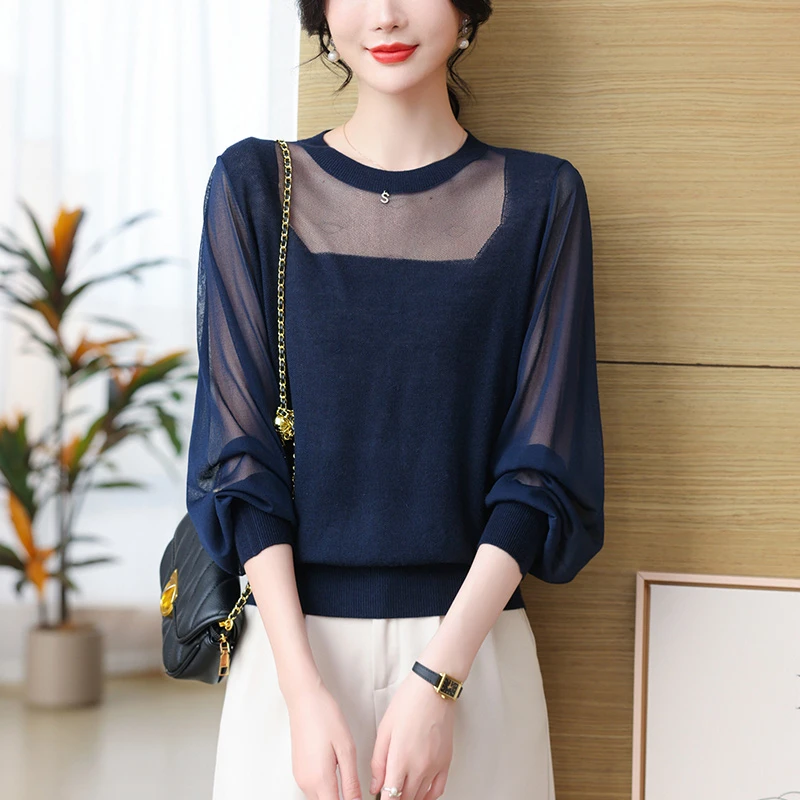 长袖t恤女纱袖拼接针织小衫今年流行漂亮女上衣时尚修身打底体恤u