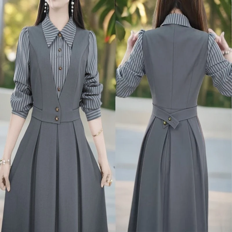2025春季新款时尚假两件长袖连衣裙气质收腰显瘦条纹拼接休闲裙子