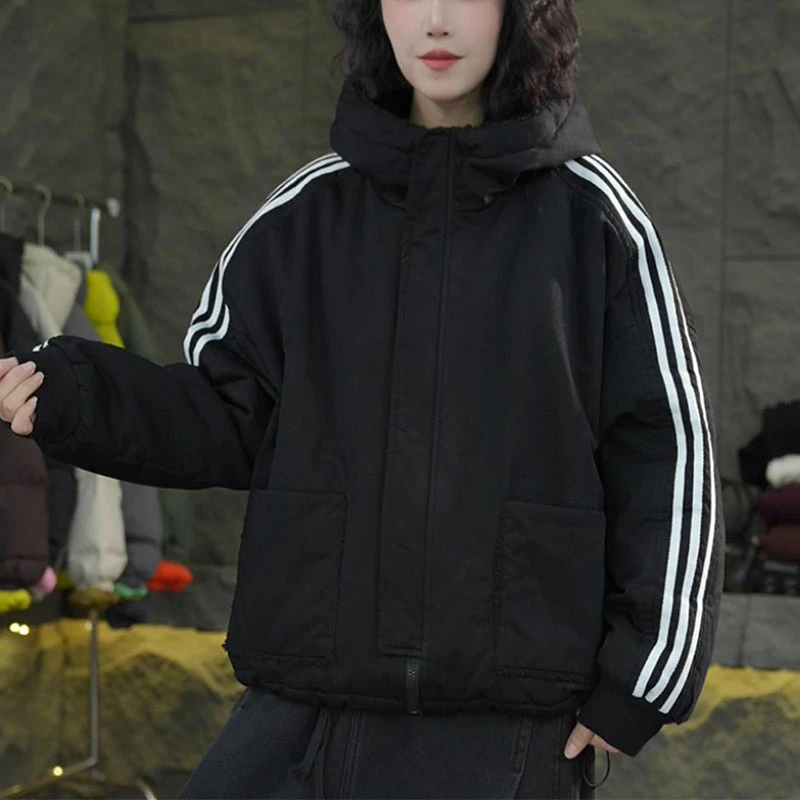 两面穿连帽棉服外套女2024冬季新款宽松显瘦简约纯色休闲百搭棉衣