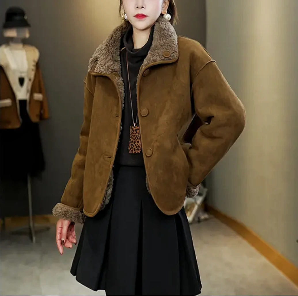 时尚复古两面穿短外套女2024冬季新款设计感休闲百搭皮毛一体上衣