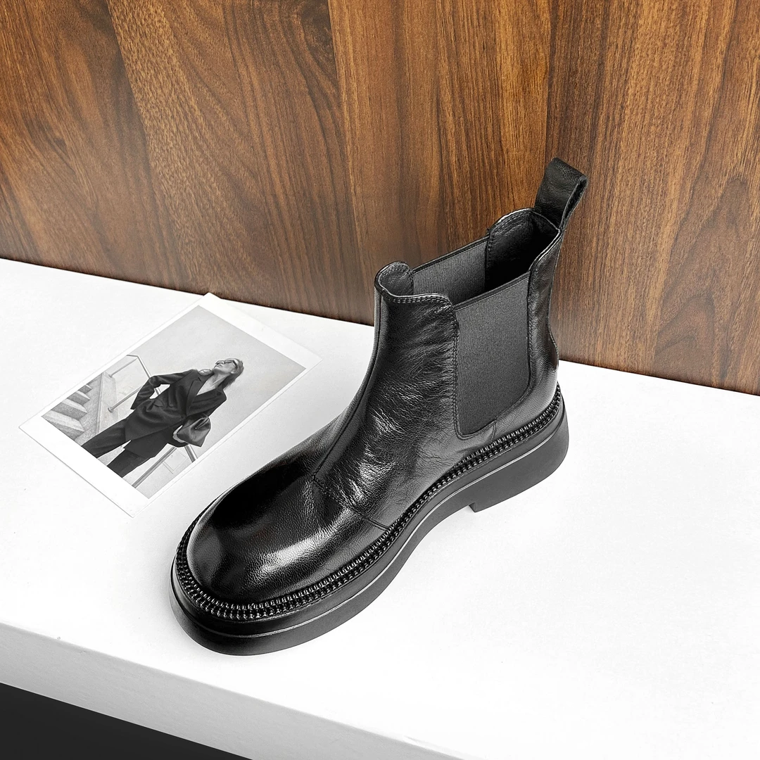 【断码清】4cm/IU1583牛皮圆头厚底切尔西靴女秋冬加绒马丁靴