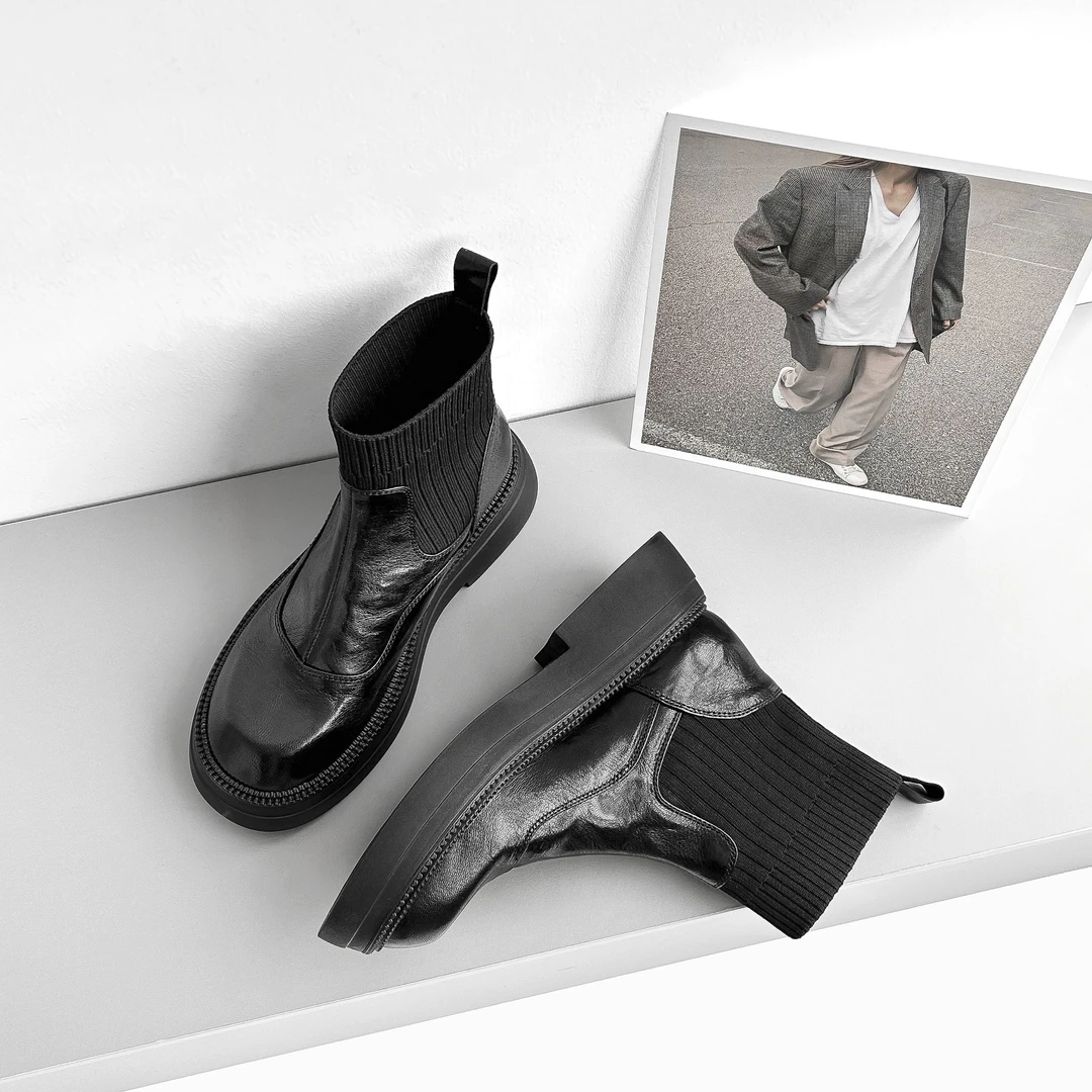 【现货】4cm/IU1581/牛皮短靴女秋冬新款弹力袜靴厚底增高弹力靴