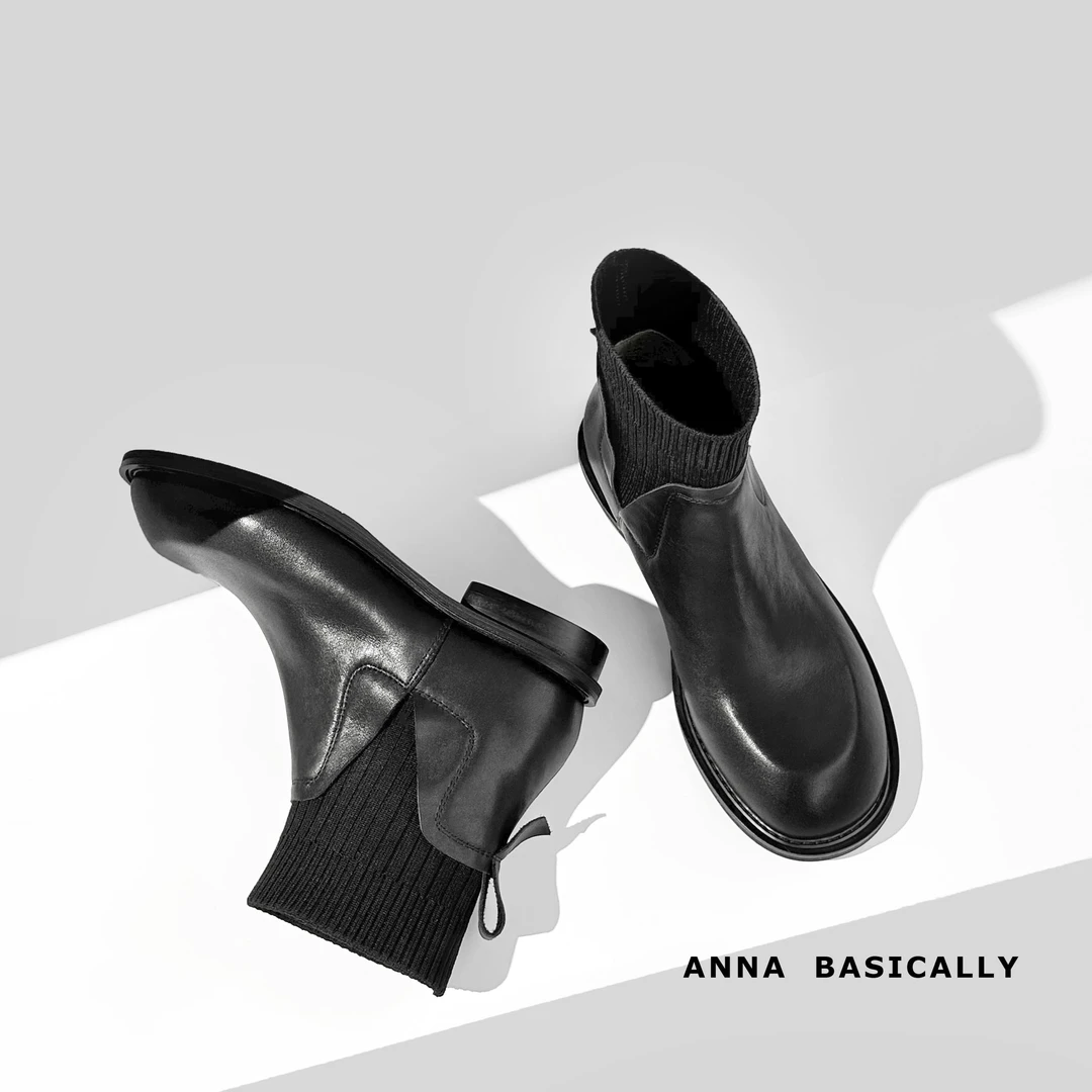 现货，断码不补】3cm/IU1560牛皮厚底短靴女2024秋冬真皮袜靴显瘦