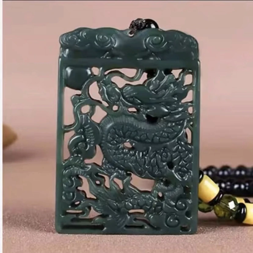 新疆和田玉青玉镂空双面工龙牌挂件龙腾富贵祥龙护主吊坠男女同款