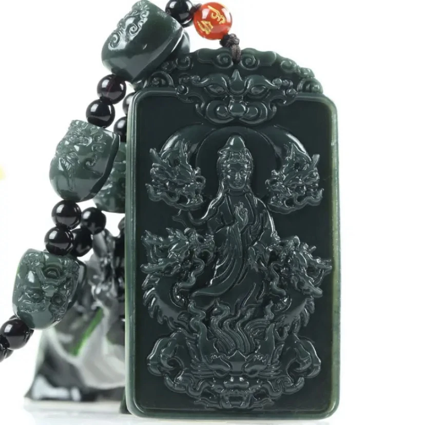 和田玉观音吊坠男款青玉九龙观音牌双面龙观音玉佩男士挂牌平安