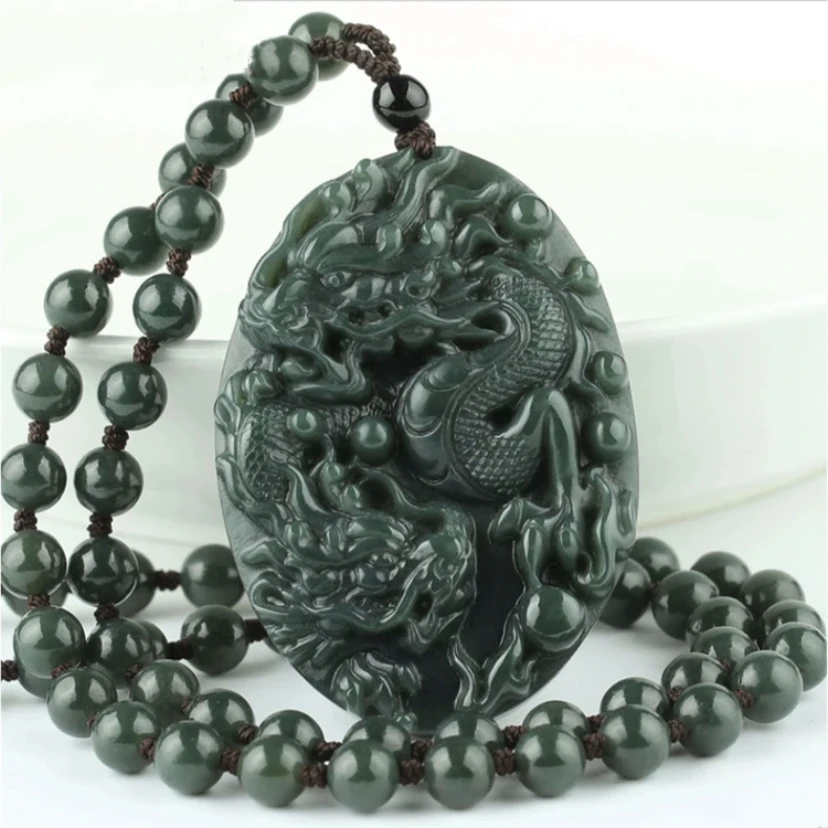 天然正品新疆和田玉青玉双龙戏珠玉吊坠男女玉石项链龙玉佩玉挂件
