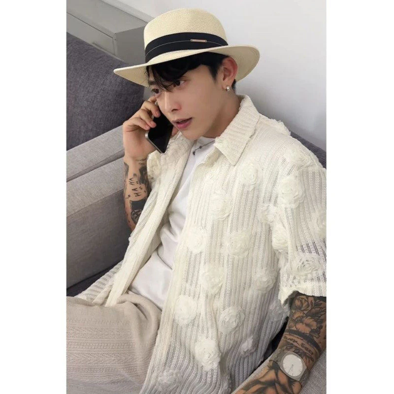 镂空立体花卉短袖衬衫男慵懒风高级感痞帅男装小众设计感防晒衬衣