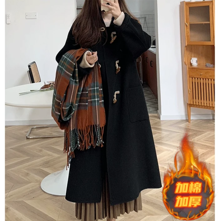 1031黑色牛角扣毛呢大衣女小个子秋冬季新款赫本风中长款呢子外套