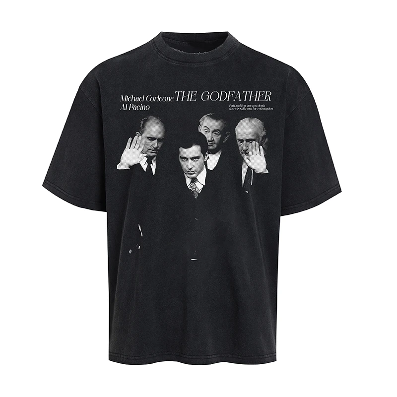 阿尔帕西诺教父夏季美式潮牌重磅做旧破洞复古纯棉短袖T恤男上衣