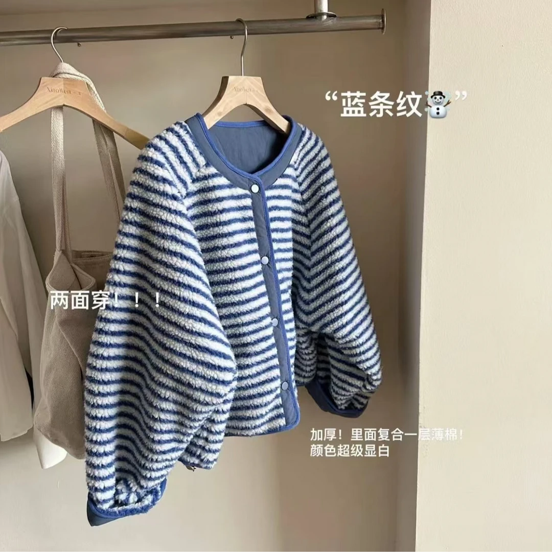 韩国东大门冬季新款蓝条纹宽松加厚复古条纹百搭保暖加绒棉服外套
