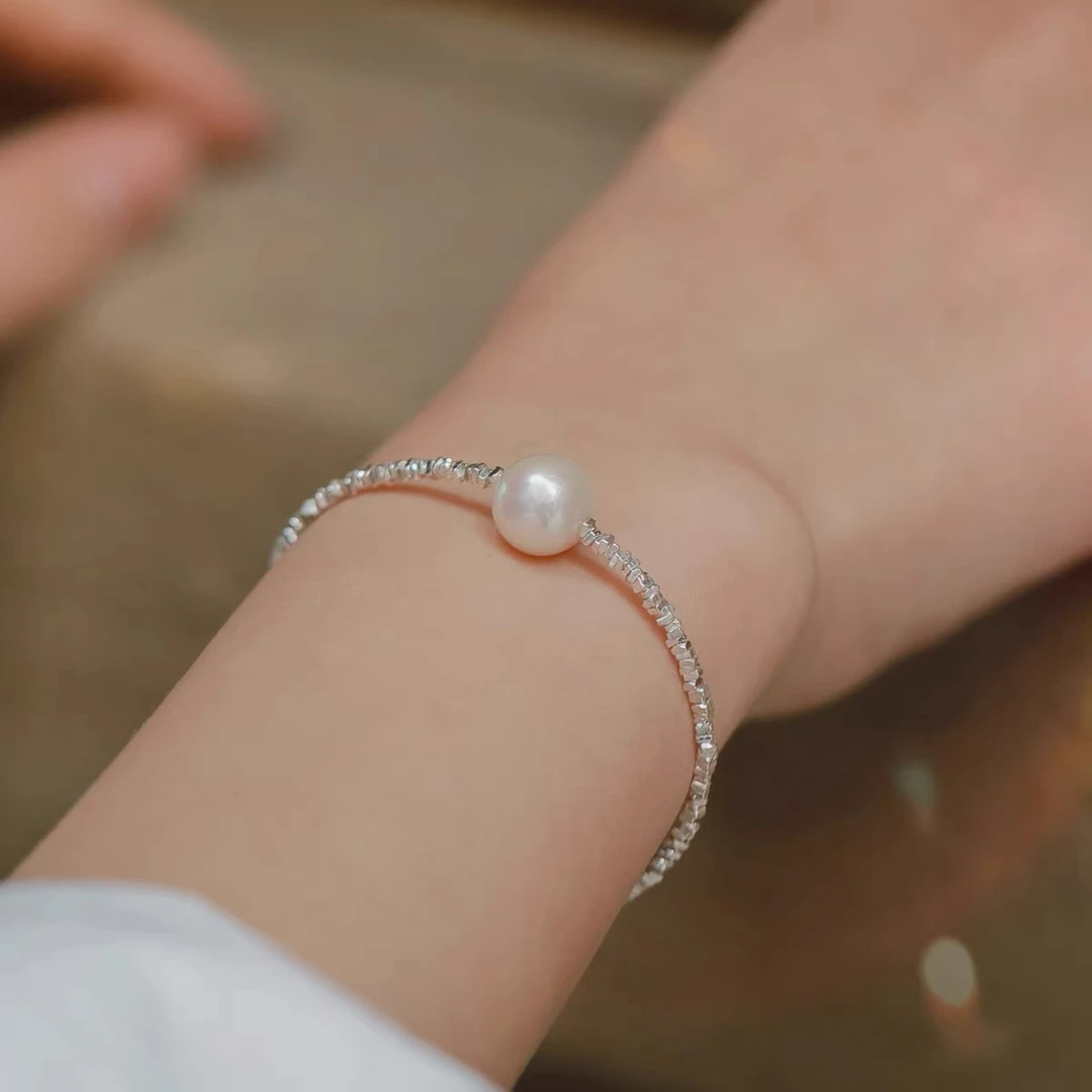 925银仿珍珠手链 925纯银碎银子高光贝珠手链