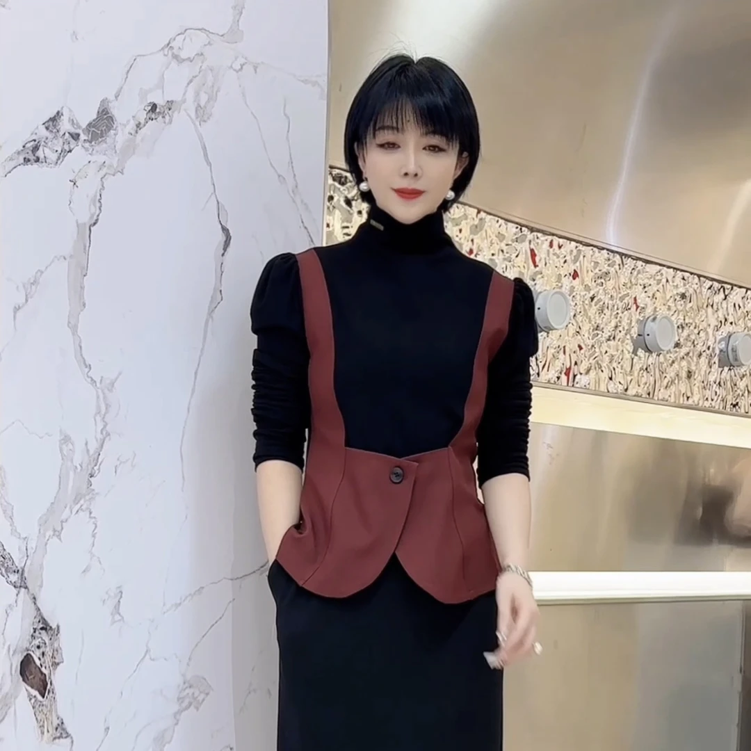 气质感女神范假两件T恤女半高领拼接马夹打底衫秋冬款