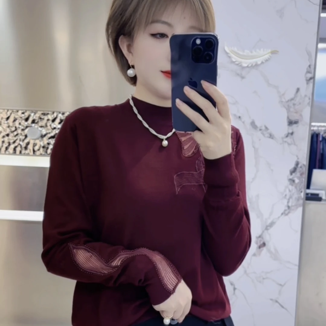 新品针织肩膀钉珠设计半高领长袖上衣