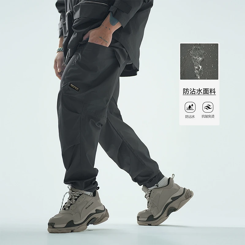 鹿家门秋季户外防风束脚休闲裤男士健身运动宽松机能风工装裤