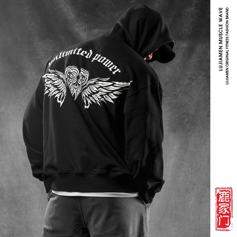 鹿家门秋季新款暗黑手绘天使图腾连帽休闲卫衣男宽松大码潮流上衣