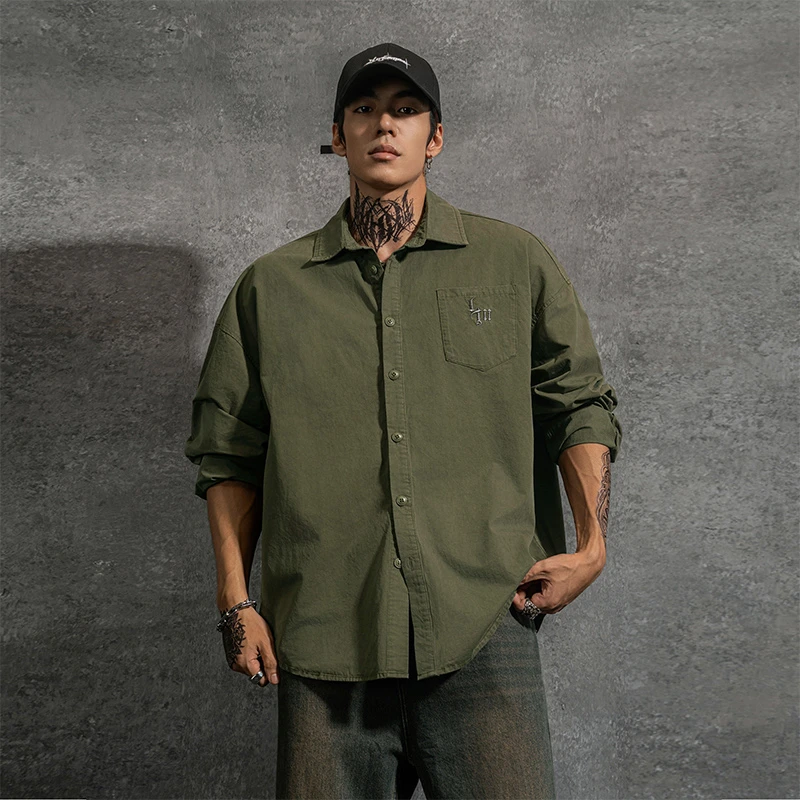 鹿家门春季新款男士长袖休闲潮流复古宽松外套健身运动大码衬衫